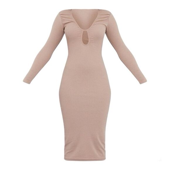 Forever 21 beige long sleeve keyhole midi dress. Size L. - Picture 1 of 9